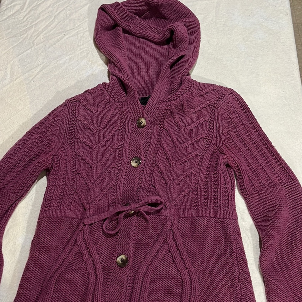 Calvin Klein Jeans Hooded Cable Knit Cardigan - Plum